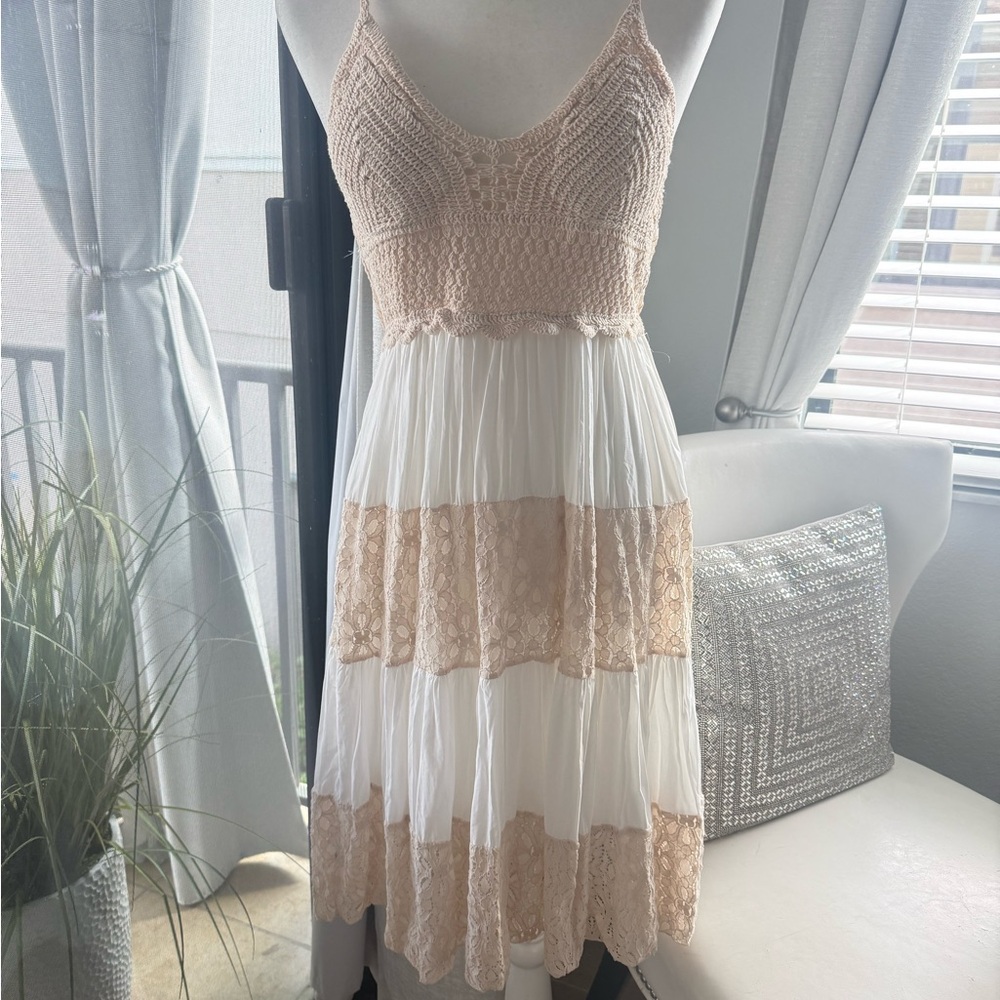 Elegant Lace Trimmed White and Tan Dress from Greece